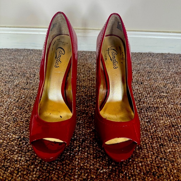 Retro, Vintage‎ Candie’s Candy Apple Red Peep Toe Pump Open toe leather w heel - Picture 1 of 6